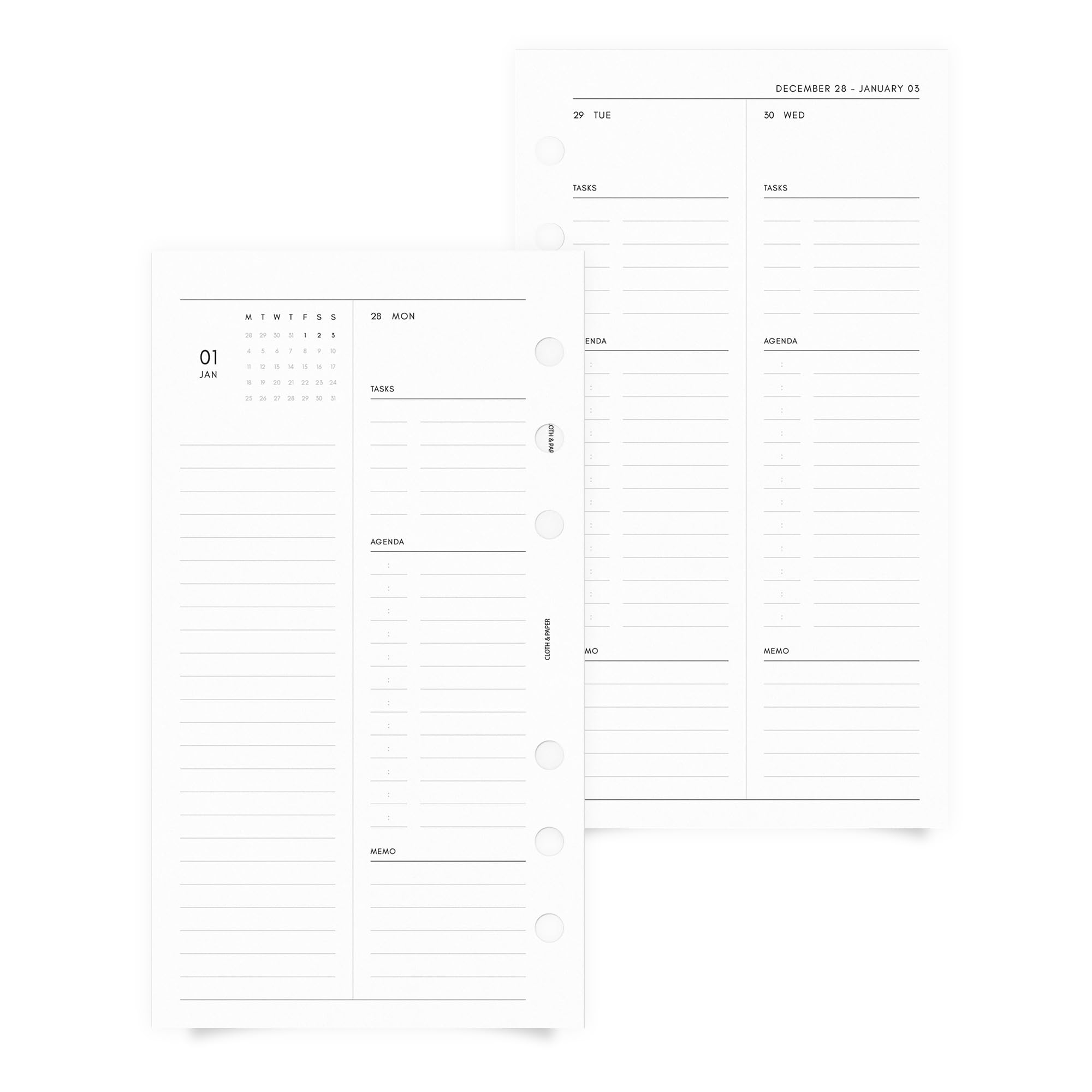 Cloth & Paper Inserti per agenda giornaliera 2027, inizio lunedì, ricarica per planner personale, layout con due giorni per pagina, copertine mensili, pagine per appunti, vacanze e ricorrenze, anno a