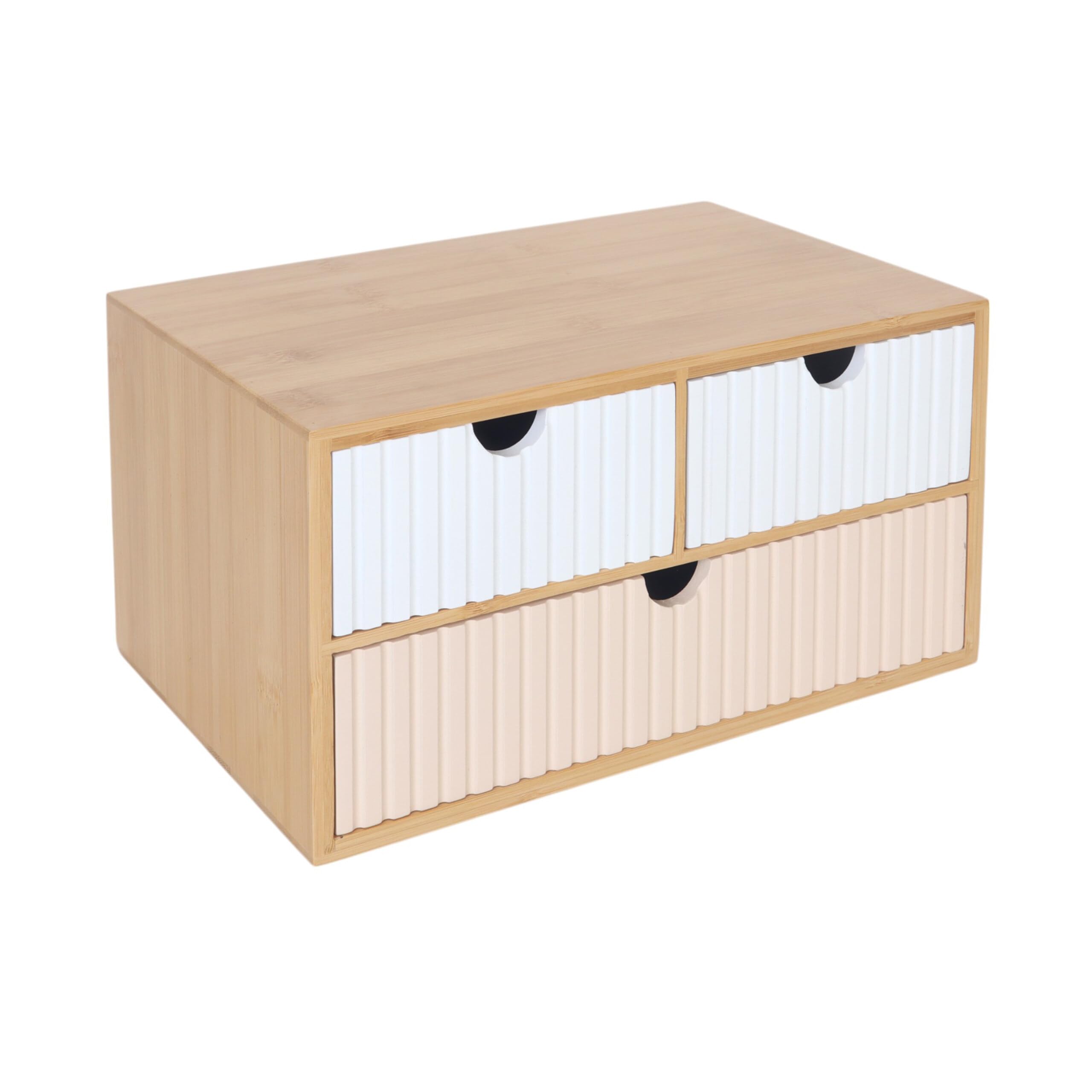 Relaxdays Drawer Box, Bamboo & MDF, 3 Ribbed Drawers, HWD: 15 x 30 x 20 cm, Desk Organiser, White/Pink