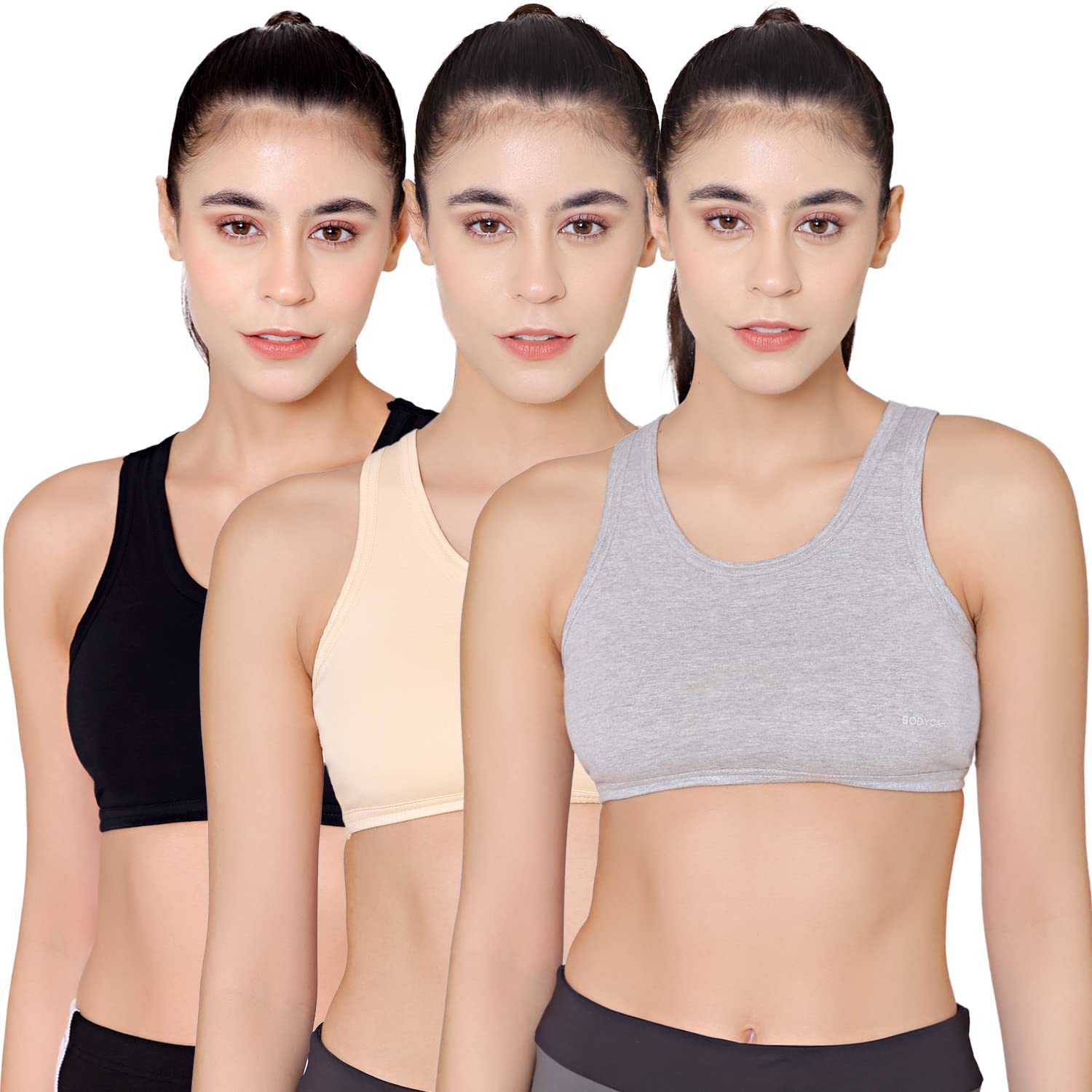 bodycare Pack of 3 Sports Bra in Grey-Black-Skin Color - E1610GRYBS-picture-20