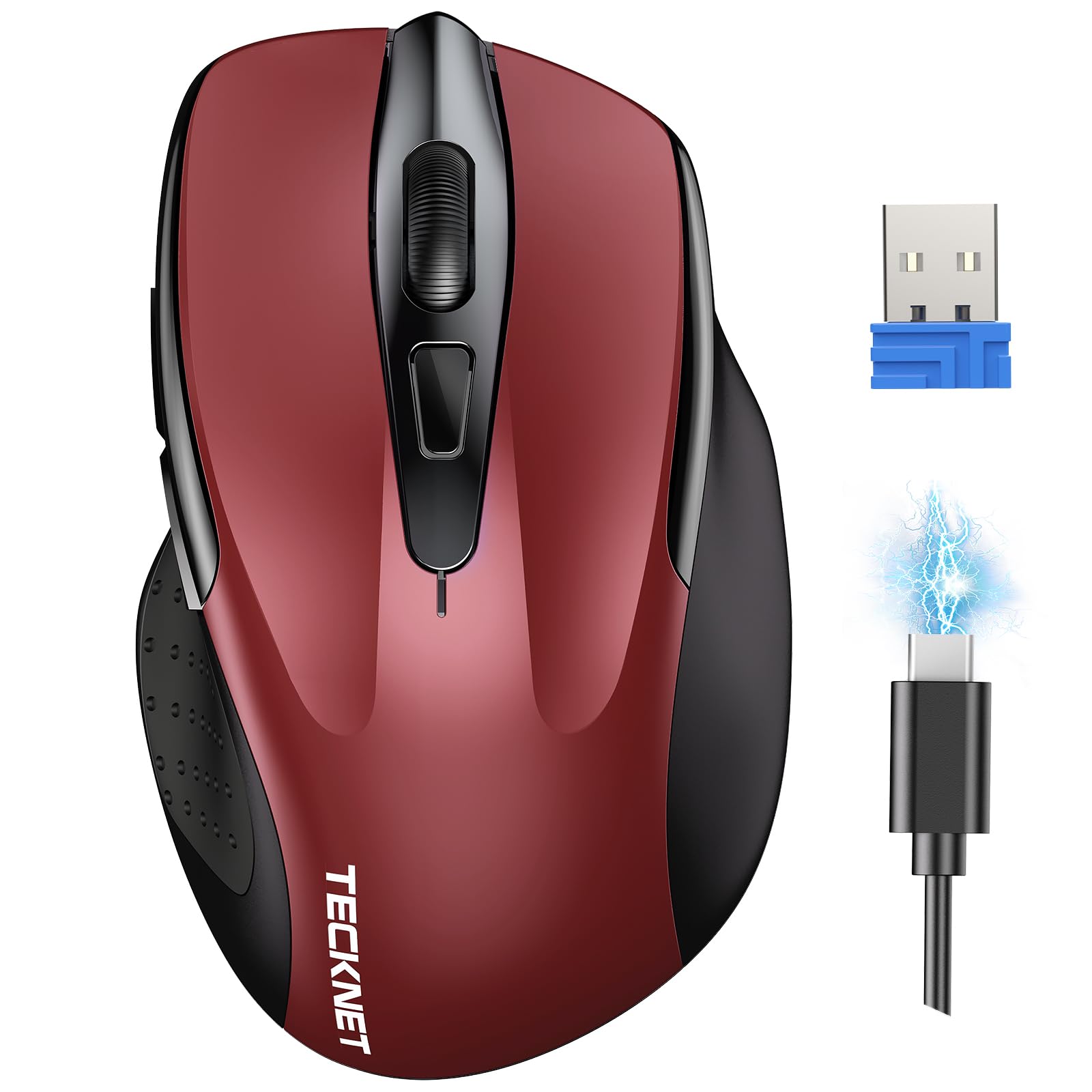 TECKNET Silent Kabellose Maus, Wiederaufladbar Funkmaus 4800 DPI, 2,4 GHz Optische Computer Maus für Laptop, PC, Mac, 6 Tasten, Rot