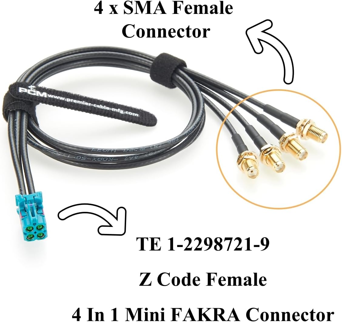 TE Quad Mini Fakra Z Code Female to SMA Female Four Ports Splitter Cable 1-2298721-9 Mini Fakra to SMA GPS Camera Antenna Cable for Telematics,ADAS, Infotainment, Satellite Radio(0.5M/1.64FT)
