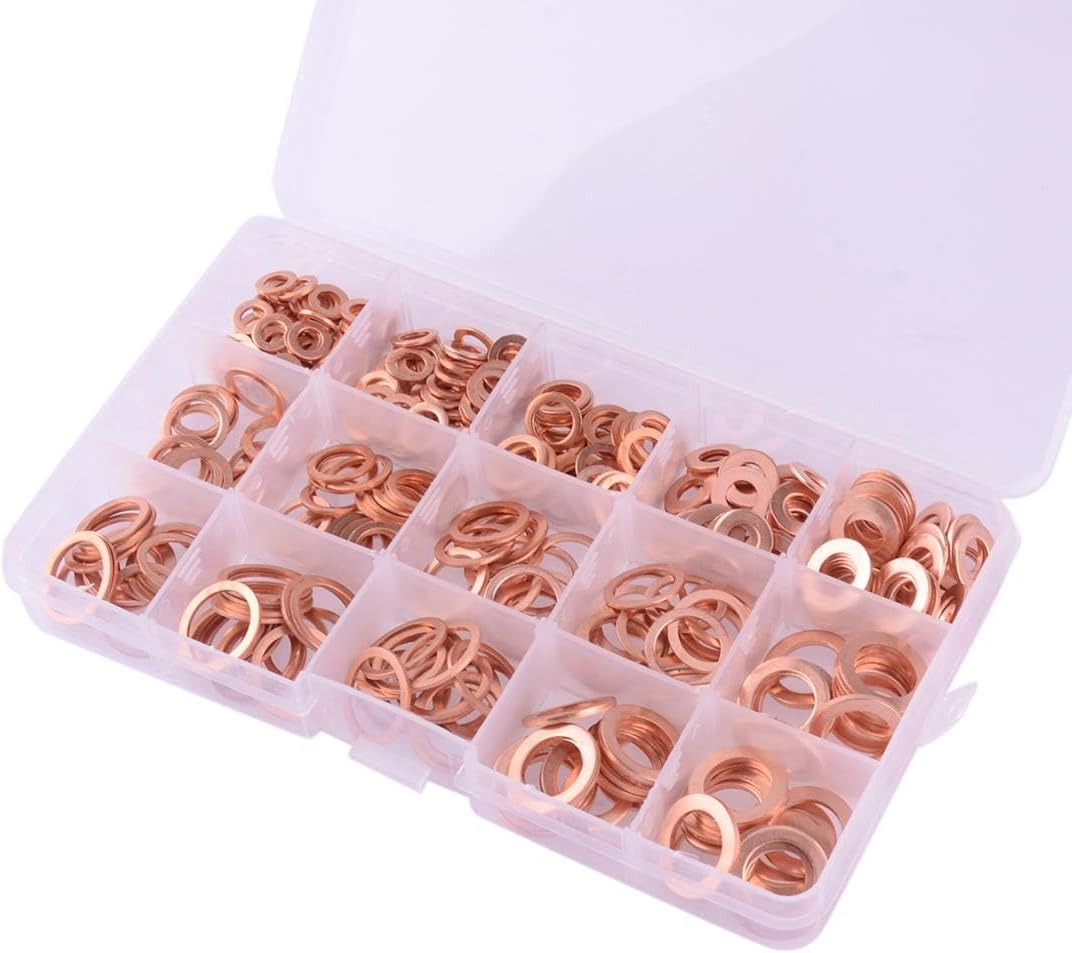beler 400pcs Solid Copper Crush Washer Gasket Flat O-Ring Seal Assortment Set