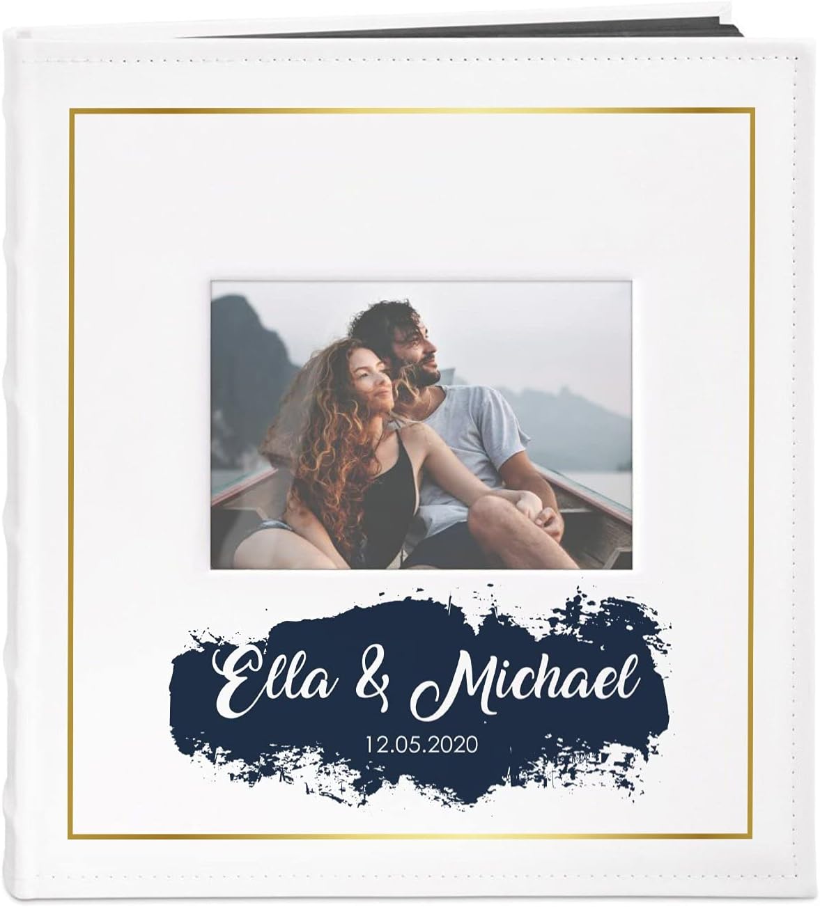 MavertonPhoto Album for couples- White cover with a photo frame and a stylish print - 60 black pages to fill in - Up to 240 images in multiple size - For wedding - For parents - golden