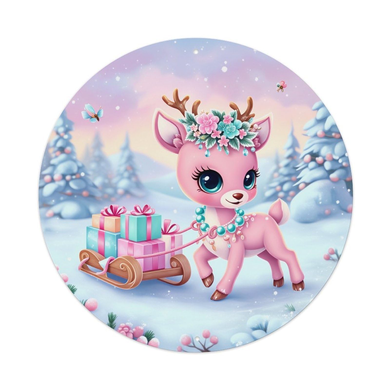 Pink Deer Winter Gift Sleigh Round Tin Sign Retro Metal Sign for Cafe Bar Pub Home Game Room Gym Club Wall Decoration Vintage Metal Poster 8x8 Inch