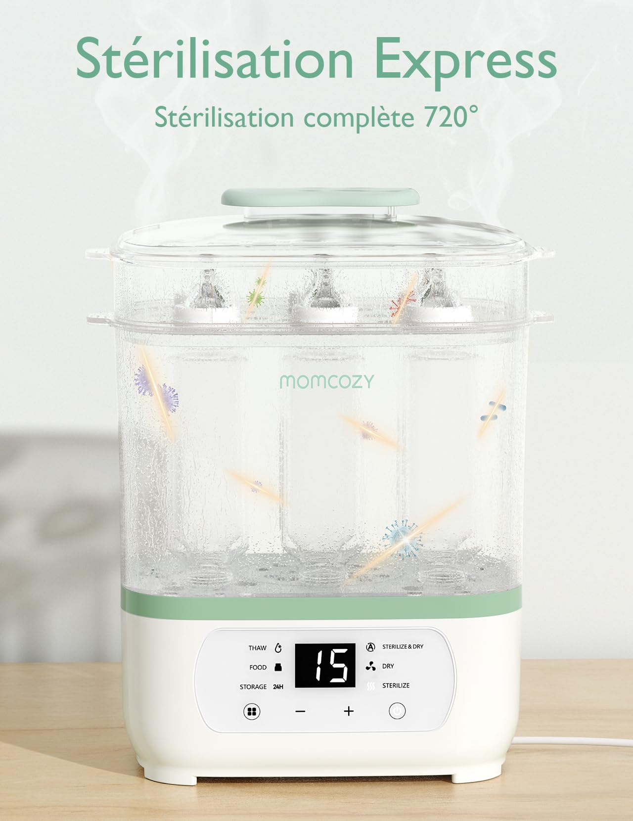 Momcozy Stérilisateur Biberons Électrique 2-en-1, 8 Bouteilles, 30 Min | Séchoir, Séchage rapide, Tire-lait, Tétines, Jouets, Multifonction, Compact, Bébé, Nouveau-né, Sans BPA, Hygiène, Cadeau, Lot