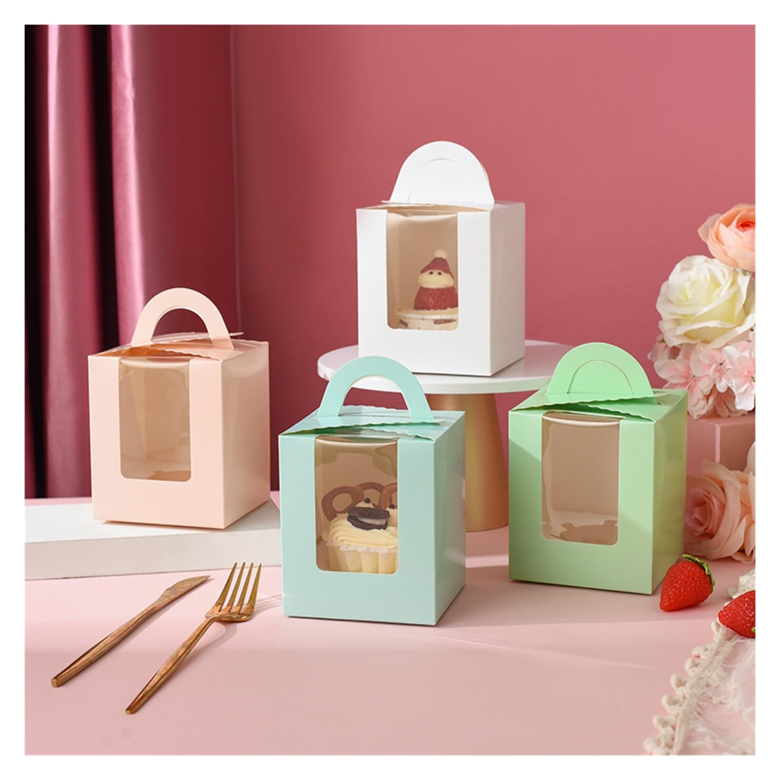 Cajas Para Cupcakes 50 Uds. Caja de papel Kraft for pasteles de 93x93x110mm con ventana de Pvc, caja de embalaje for galletas y cupcakes, caja de embalaje de regalo de Papel Kraft para Caja De Pastele