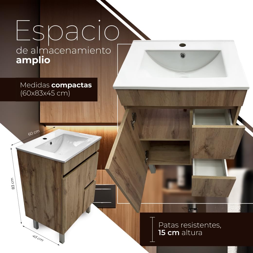 Juego Mueble Baño con Lavabo. Mueble Lavabo 60 cm. Mueble Bajo Lavabo Compacto Preinstalado de Fábrica. Mueble Baño con Lavabo 60 cm con Pie de Porcelana. No Incluye Espejo.