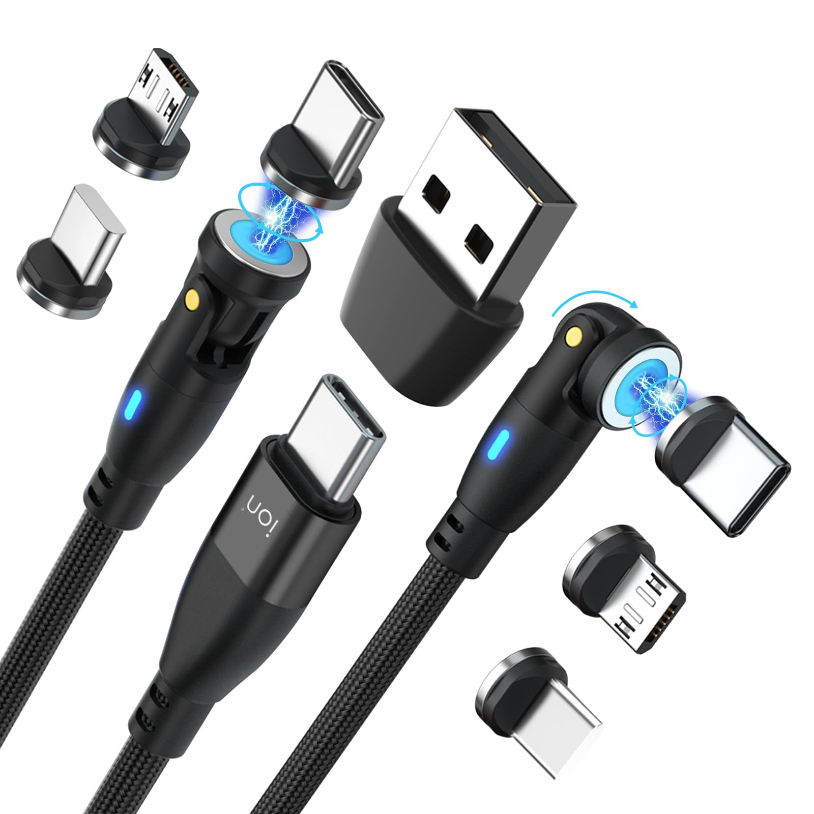 Ion 6 en 1 IP/Tipo-C/Micro USB PD 100W 540 Rotación Magnética Transmisión de Datos y Cable de Carga Rápida 1.8 Metros de Longitud