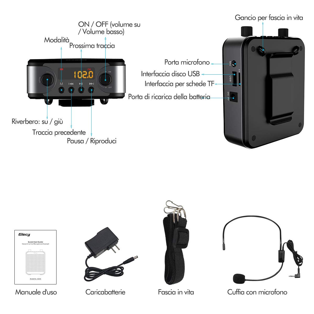 Amplificatore vocale portatile con microfono cuffia 30W Batteria ricaricabile 2800mah Sistema PA amplificatore vocale mini per insegnanti, guida turistica, allenatori, presentatori
