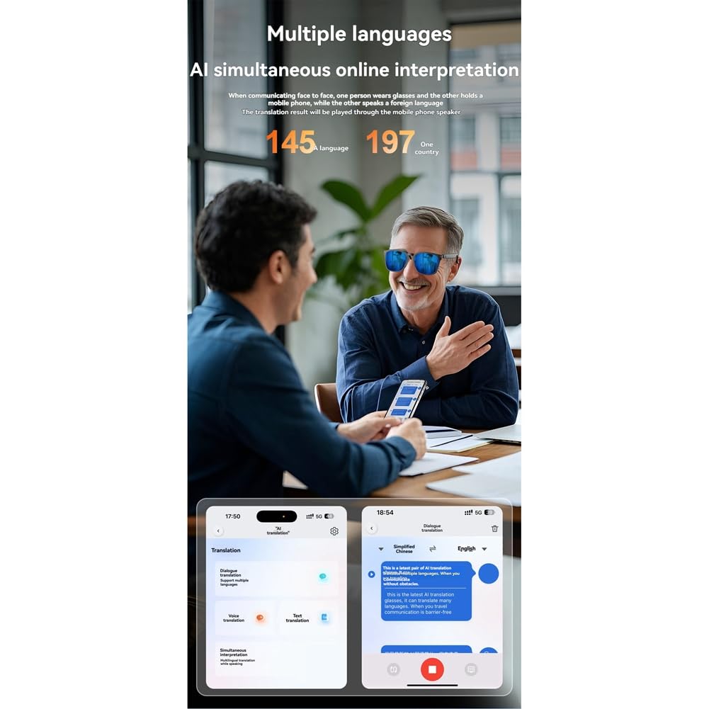 AI Smart Glasses Bluetooth 5.4 con altoparlante 145 lingue traduttore in tempo reale occhiali da sole per uomini e donne F