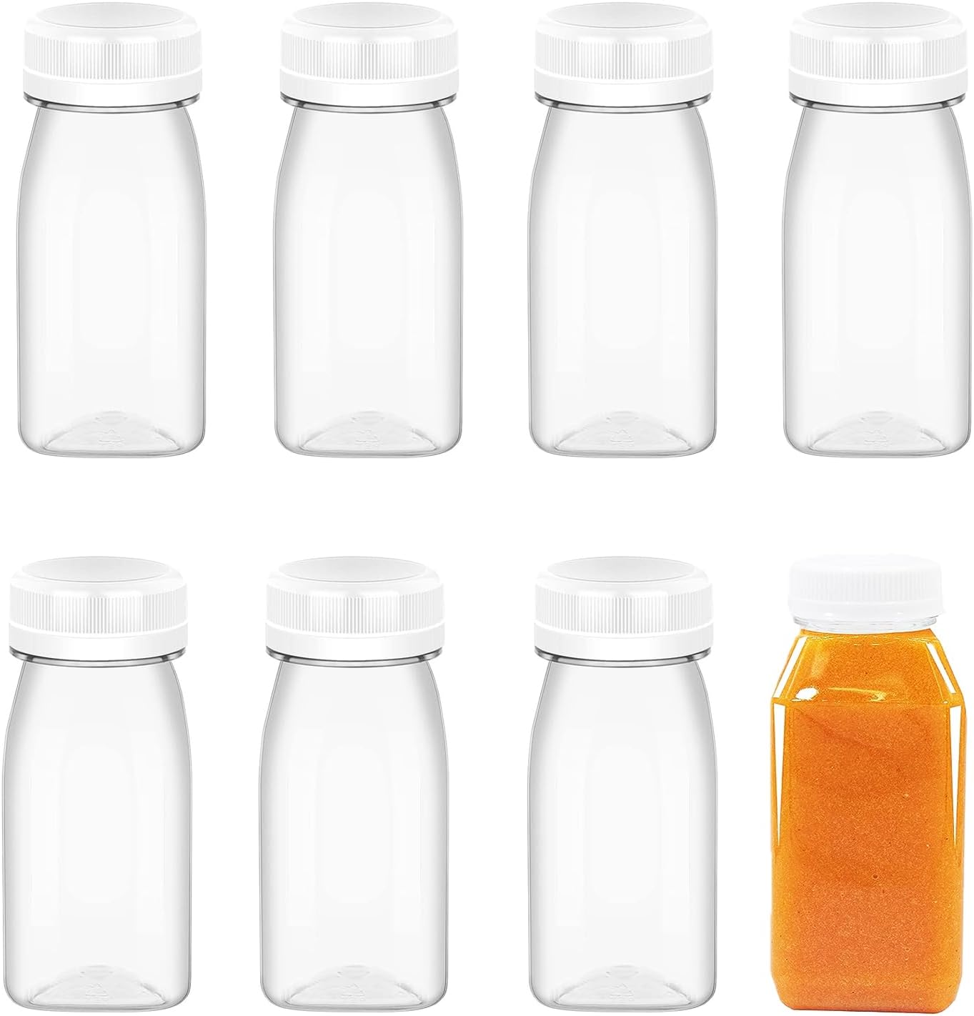 8 Pack 100ml Plastic Juice Bottles,Reusable Small Clear Juice Container,Mini Plastic Juice Bottles,Empty Plastic Juice Bottles for Storing Juices, Water and Other Homemade Beverages(White Lid)