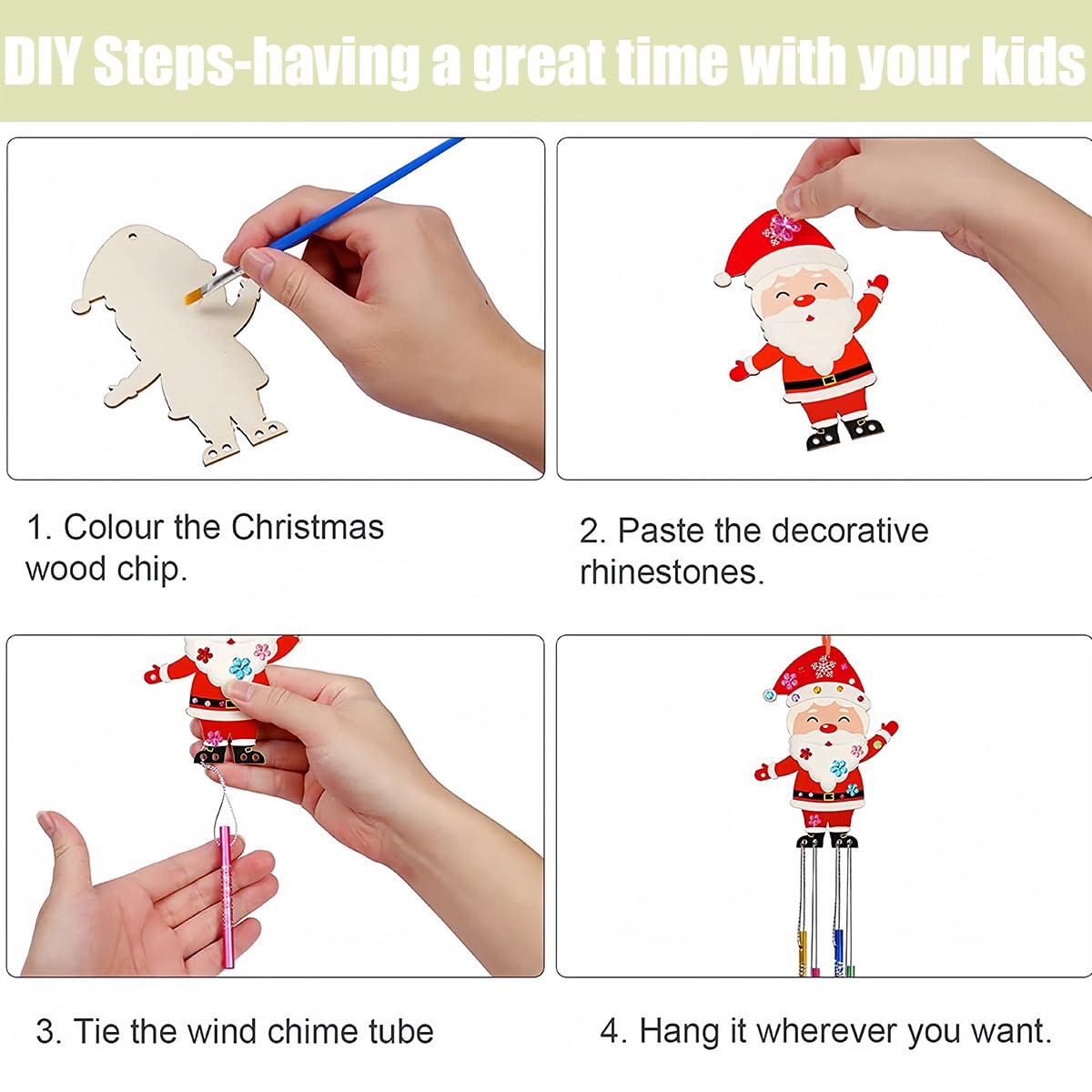 HBell Christmas Wooden Wind Chime Kits,Christmas Wooden Ornaments,Santa Claus Reindeer Snowman Penguin Elf Windchimes for Xmas Tree Hanging Decoration Kids Arts Painting DIY Crafts - Image 3
