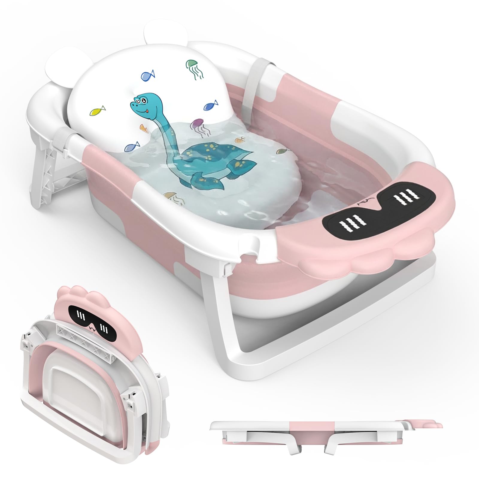 Baby Bath Foldable Tub Collapsible Bathtub Baby Bath Essentials for Newborn with Seat Support Cushion Stand Folding Baths for Toddler 0-12 Months Travel Portable Infant Tubs Soft Bathing Kids