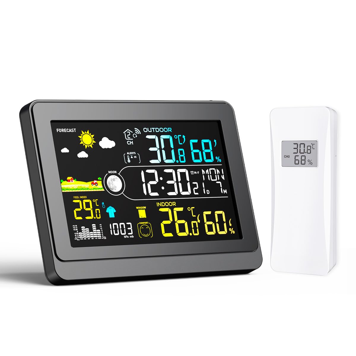 Uzoli Estación meteorológica inalámbrica con sensor exterior, reloj DCF | Temperatura Humedad interior/exterior, Pantalla color, Previsión del tiempo, Barómetro, Alerta de heladas, Fase lunar, Alarma