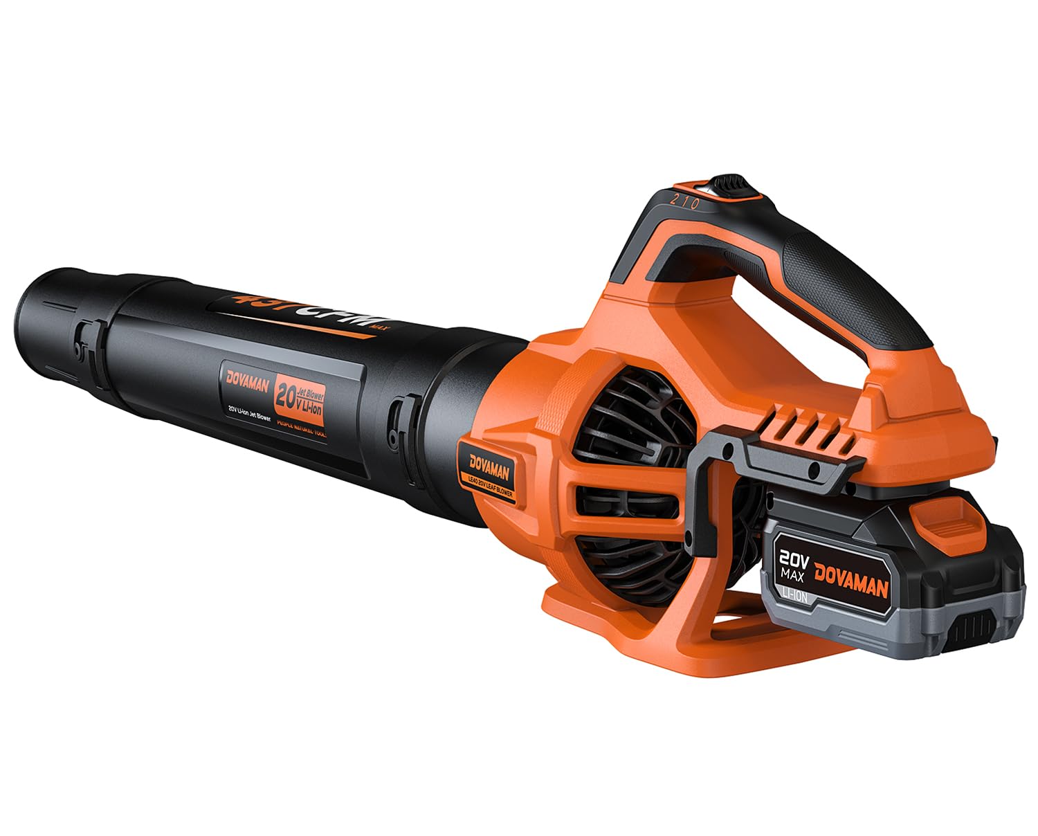 DOVAMAN Soplador de Hojas Inalámbrico 20V, Flujo de Aire Potente 744 m³/h, Batería 4.0Ah con Cargador Rápido, 2 Velocidades, Ligero y Portátil, Soplador para Jardín, Césped, Terraza y Garaje