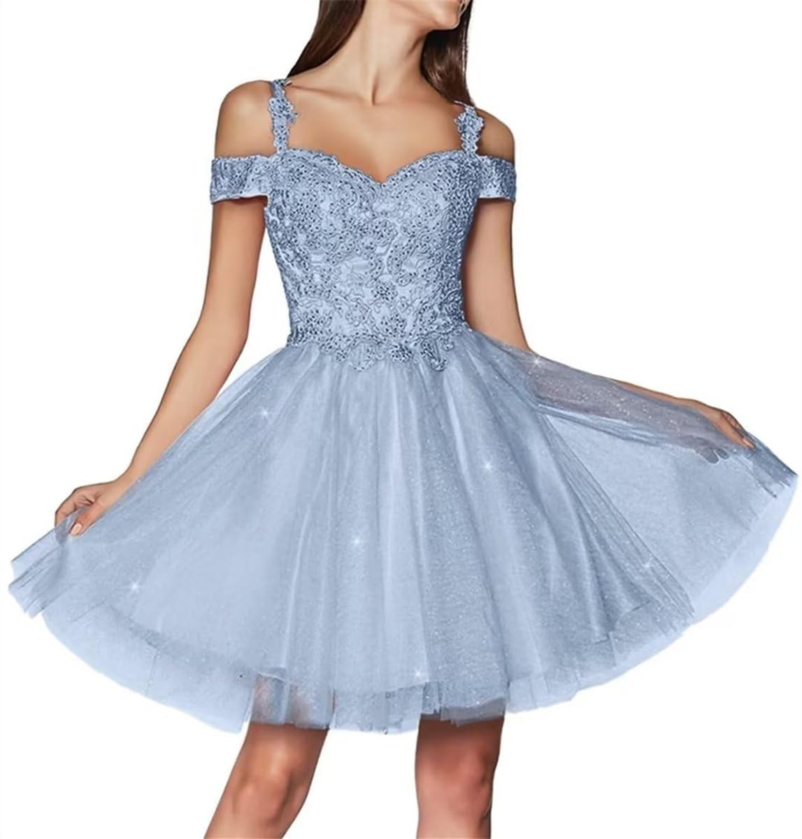 KURFACE Sparkly Tulle Homecoming Dresses for Teens 2024 Cold Shoulder Lace Applique Short Prom Dress Light Blue A Line Ball Gown UK16
