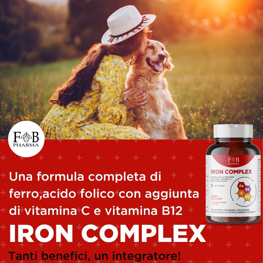 FB PHARMA - Integratore Ferro + Acido Folico + Vitamina C + Vitamina b12 - Iron Complex 90 compresse per CARENZE | SISTEMA IMMUNITARIO | RIDUZIONE STANCHEZZA E AFFATICAMENTO