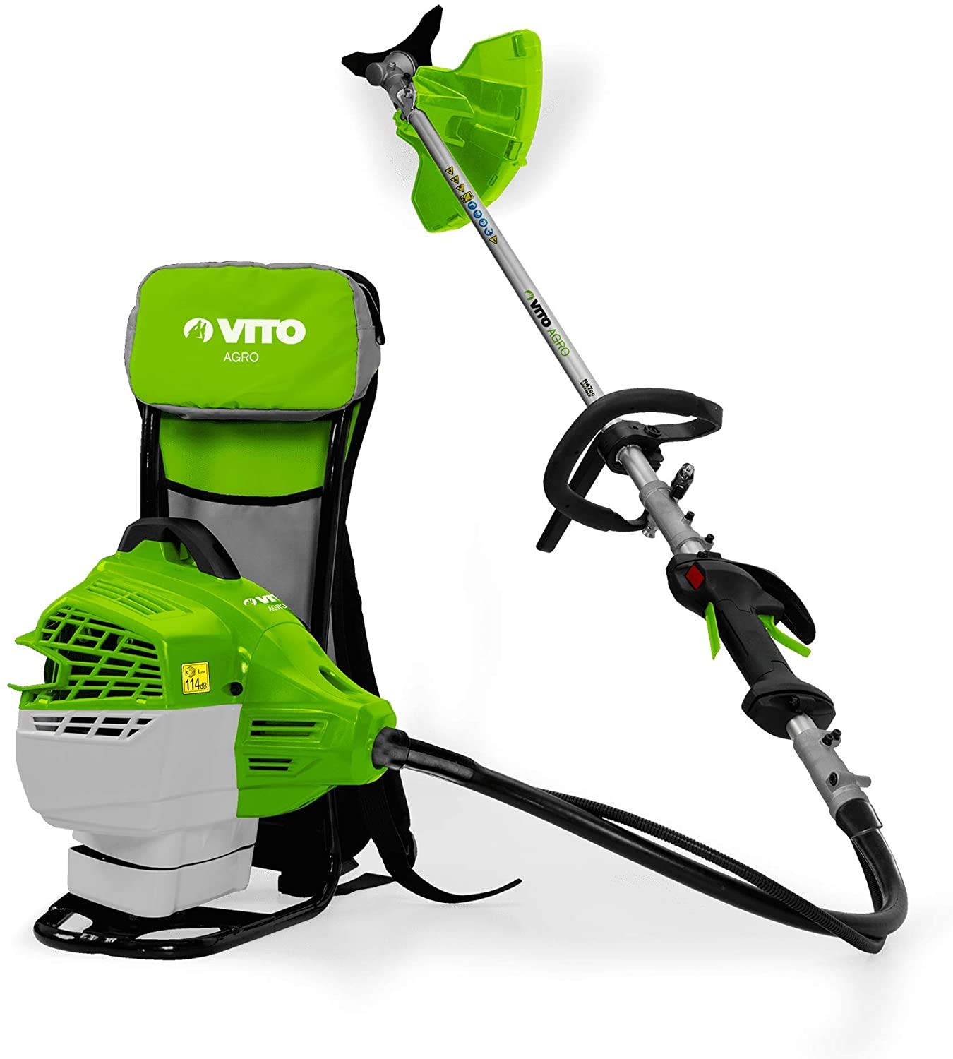 VITO - Débroussailleuse Thermique 47cm³ Coupe 25cm + Lame et fil nylon Réservoir 1L Autonomie 1h30 port dorsal