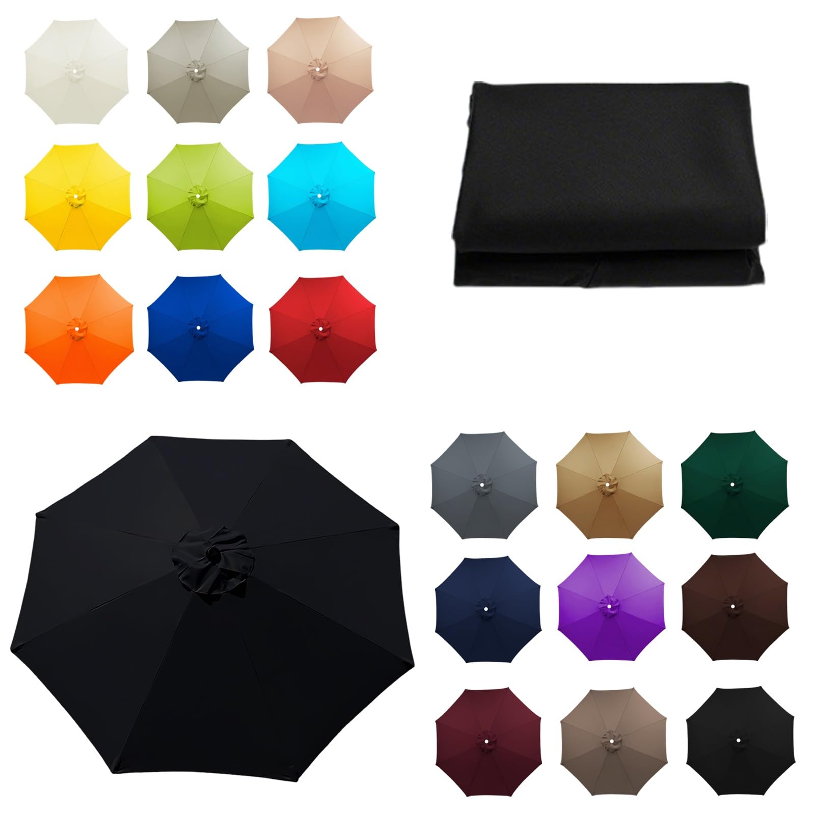 6 Rib and 8 Rib Replacement Umbrella Cover, Replacement Parasol Fabric, 6.5ft/2.0m to 11.5ft/3.50m, Garden Umbrella Canopy, Beach and Balcony Canopy Top(Black,6.5FT/2.0M-6Ribs)