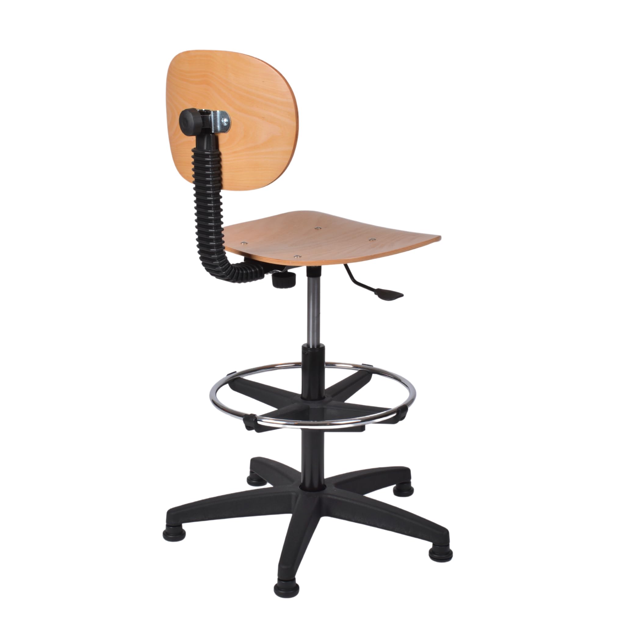 Topsit Sedia da lavoro IND114 in legno di faggio laccato chiaro, sedia da laboratorio, regolazione continua dell'altezza del sedile con Toplift, anello per piedi cromato, croce in plastica con piedini