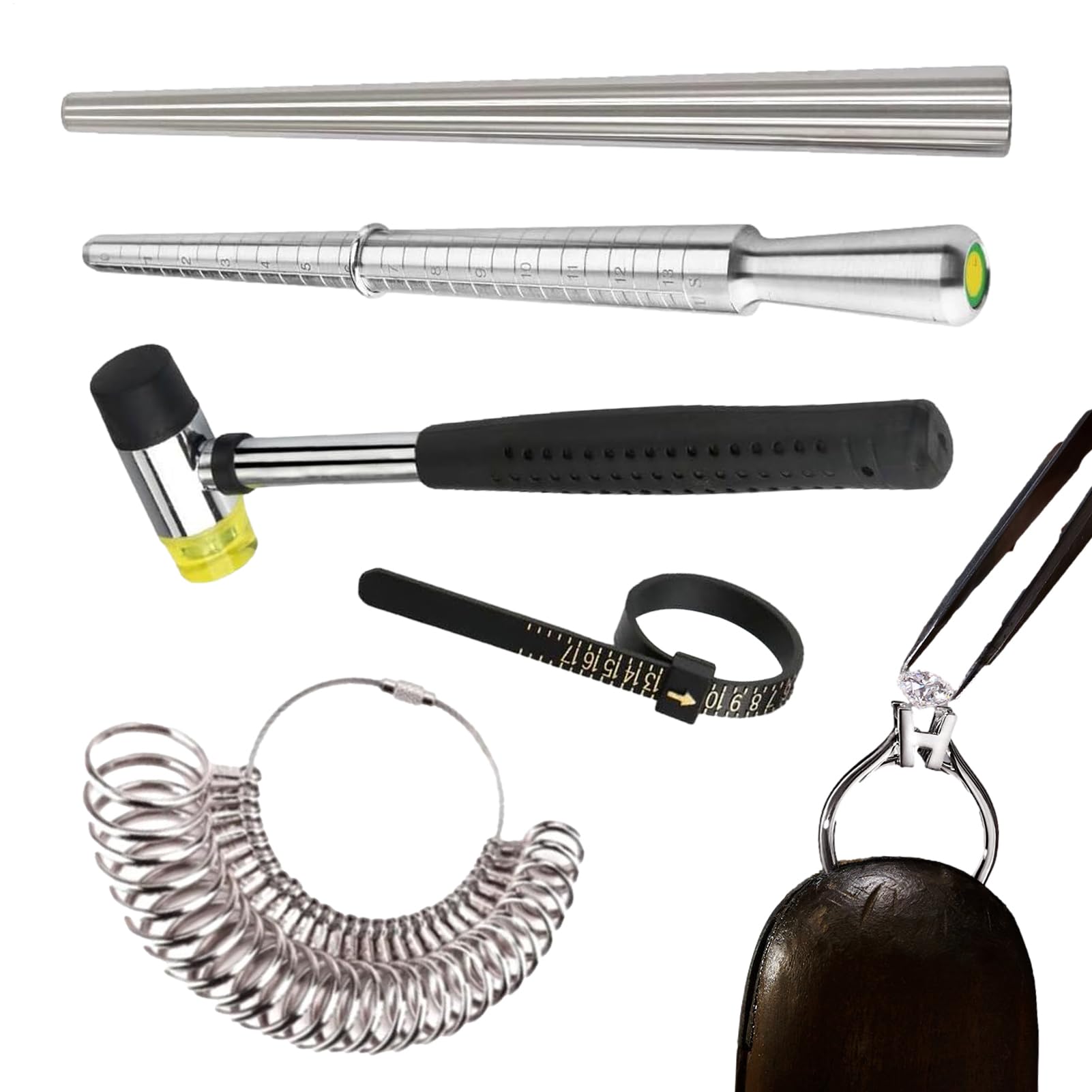 Medidor de anillos para calibración con mazo de goma para joyería 8