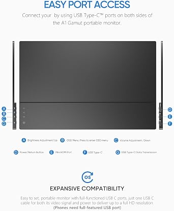ARZOPA Portable Monitor 15.6'' FHD 1080P Portable Laptop Monitor IPS Computer External Screen USB C HDMI Display for PC MAC Phone Xbox PS5- A1 GAMUT