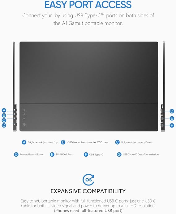ARZOPA Portable Monitor 15.6'' FHD 1080P Portable Laptop Monitor IPS Computer External Screen USB C HDMI Display for PC MAC Phone Xbox PS5- A1 GAMUT