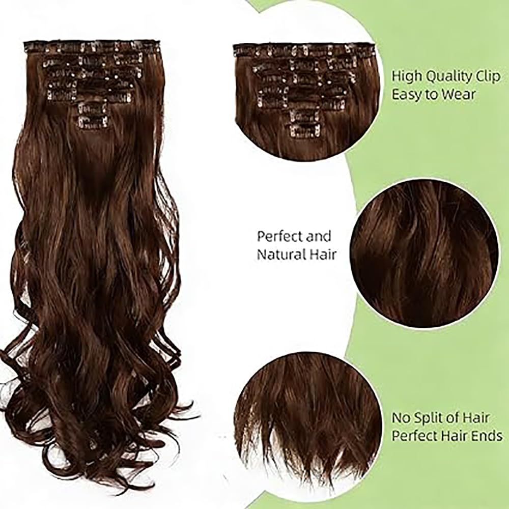 Natural Wave Clip in Extensions Echthaar Human Hair Haarverlängerung Echthaar Invisble Clip Extensions #4 Chocolate Brown 28 Inch 120g 7Pcs Per Pack for Women Real Hair