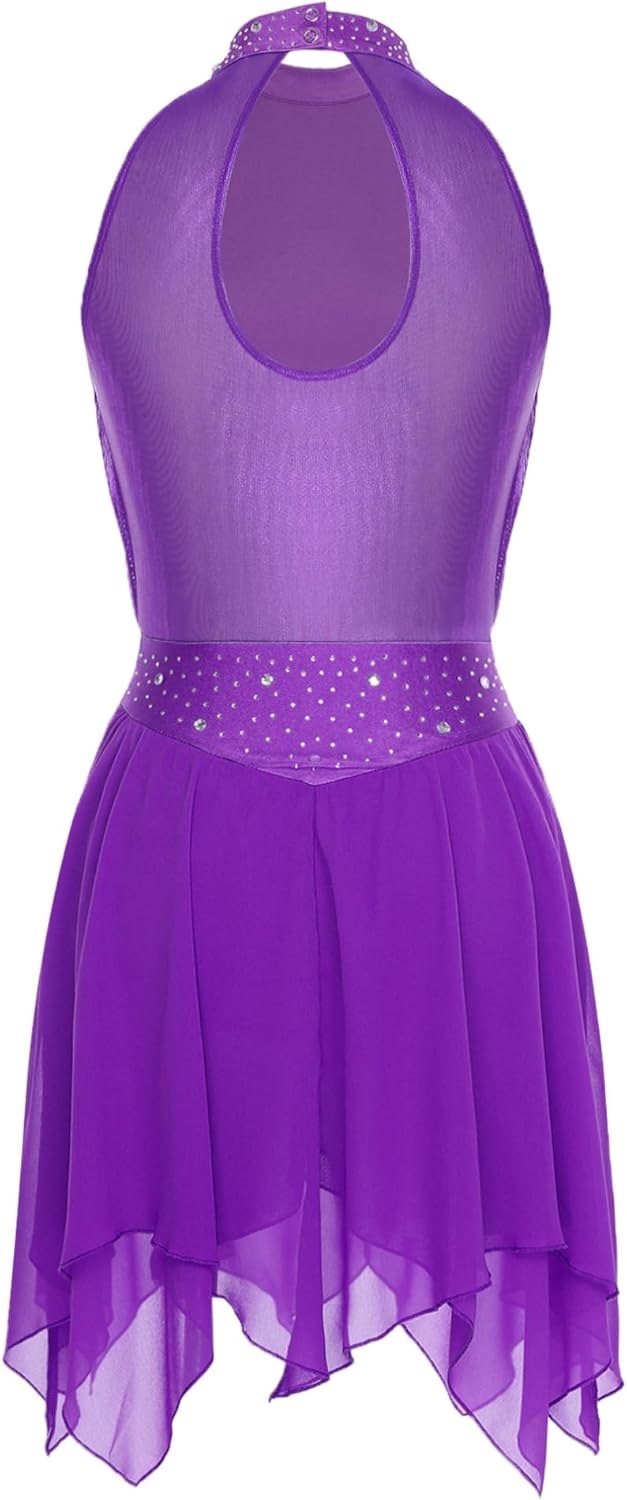 FEESHOW Women Ruched Metallic Mesh Lyrical Dance Dress Irregular Ballet Leotard Modern Contemporary Costume