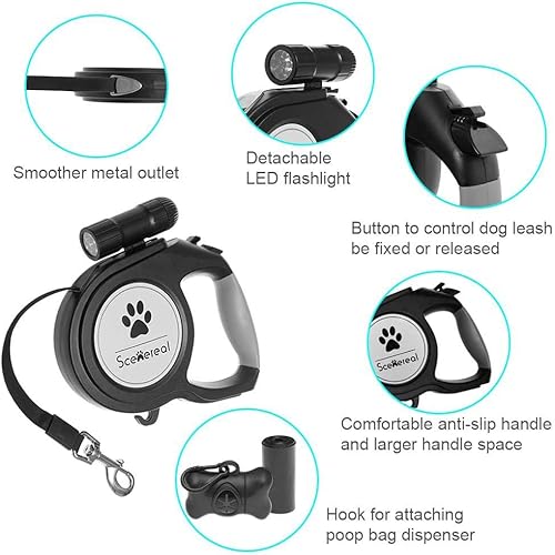 Miniatura 4 de SCENEREAL Correa retráctil resistente para perros de 26 pies con luz LED flash y dispensador de bolsas de excrementos para perros pequeños, medianos