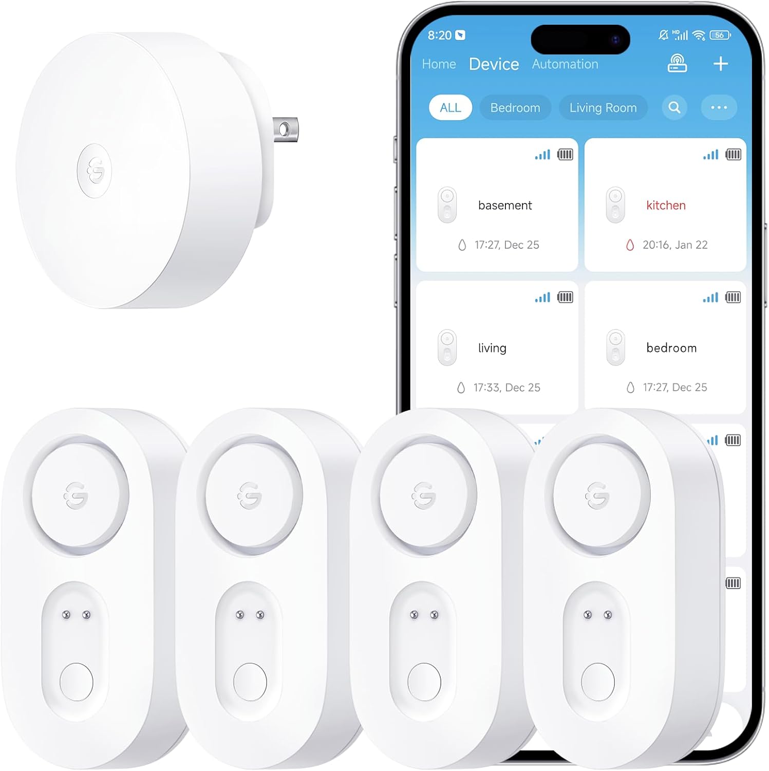 GoveeLife Upgraded Smart Water Leak Detector 1s with 1804ft Ultra-Long Range, WiFi Water Sensor with SMS/Email/APP Push and Sound Alarm,5-Year Battery Life, 4 Pack, Suit for Home, Basement, Kitchen GoveeLife Upgraded Smart Water Leak Detector 1s with 1804ft Ultra-Long Range, WiFi Water Sensor with SMS/Email/APP Push and Sound Alarm,5-Year Battery Life, 4 Pack, Suit for Home, Basement, Kitchen