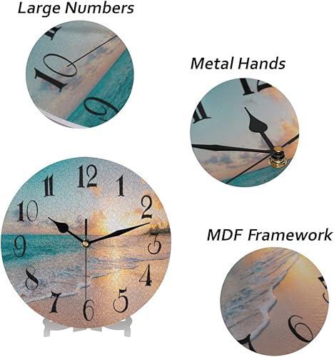 Miniatura 6 de AUUXVA Seashore - Reloj de pared redondo de playa, reloj silencioso sin tictac de 9.5 pulgadas, cielo azul, sol, arena, reloj de pared, decoración