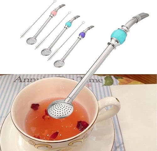 Miniatura 8 de BESTonZON Cuchara de filtro de paja de acero inoxidable 2 uds. Mate Bombilla Straw Loose Leaf Tea Colador Reutilizable Pajitas con Cepillo de