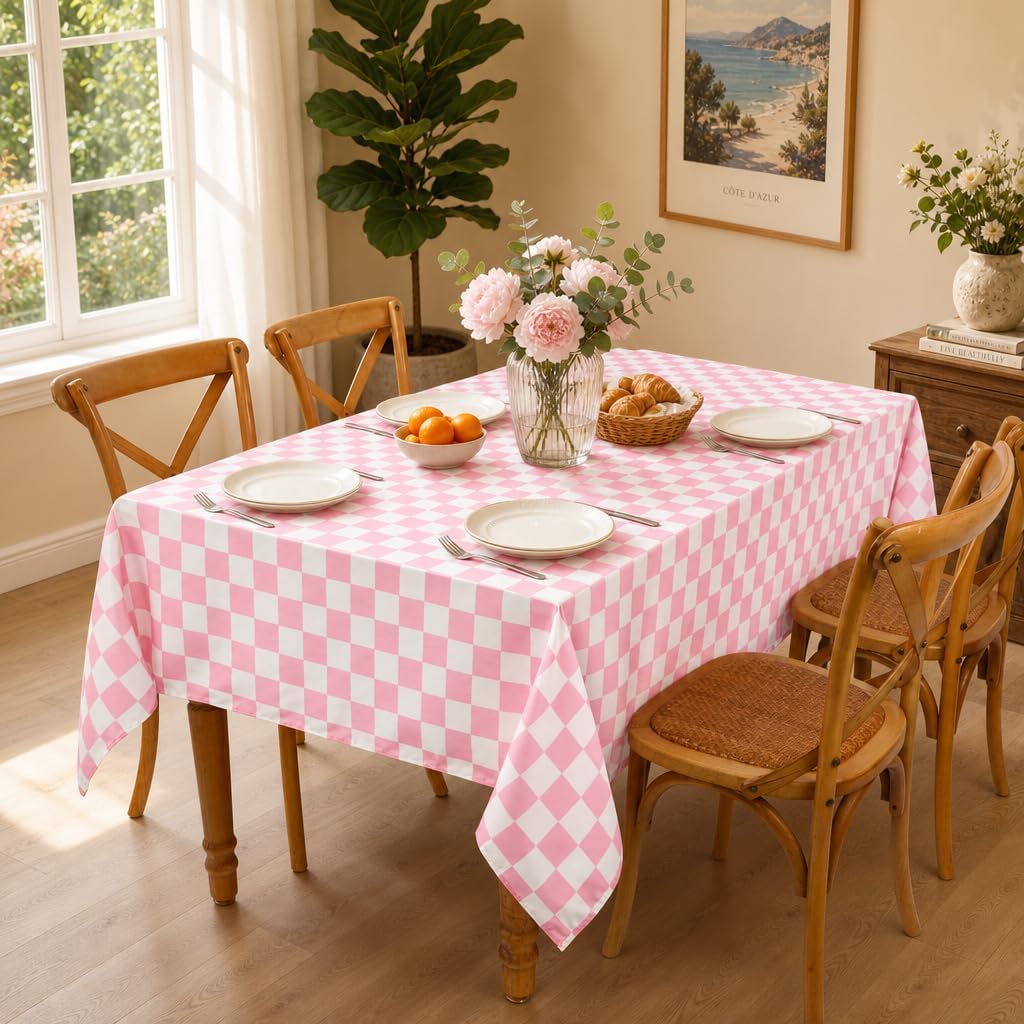 Pink Gingham Tablecloth Pink and White Checkered Tablecloths, 57 x 84 Inch