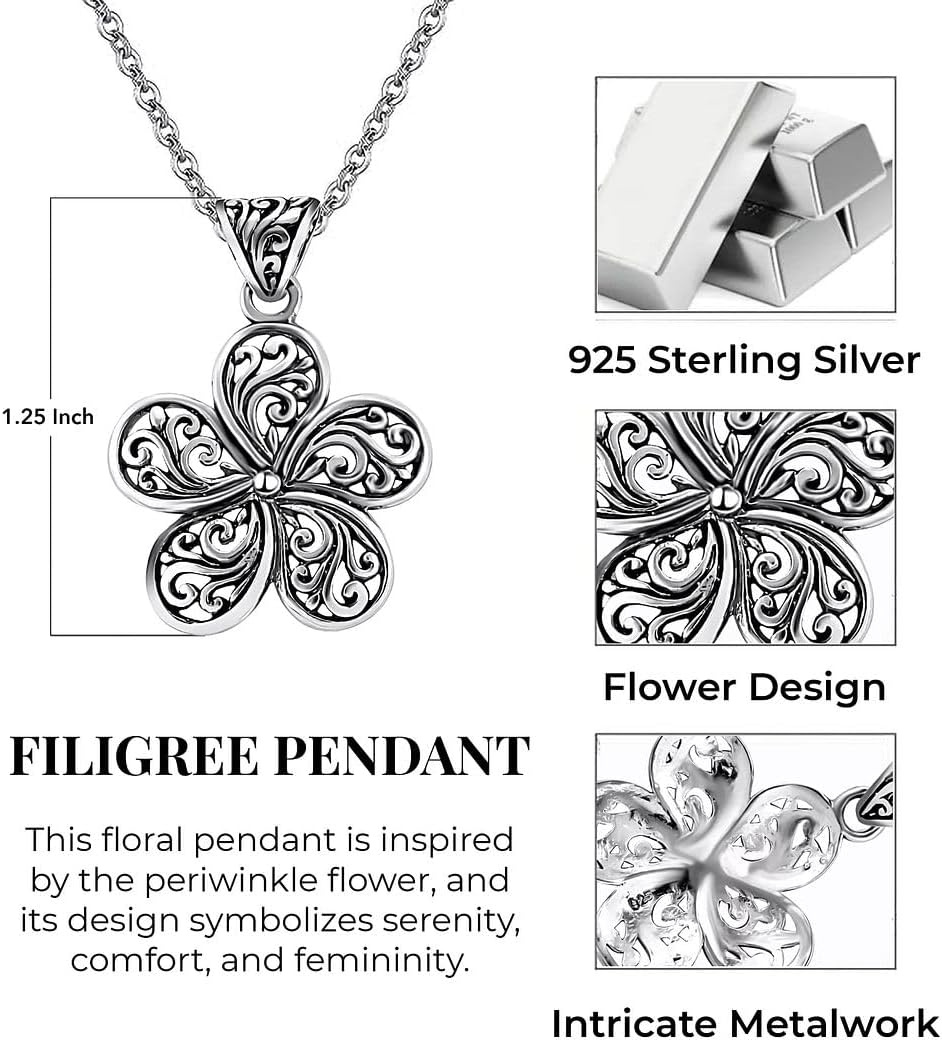 SHOP LC 925 Sterling Silver Flower Pendant - Charm Statement Costume Vintage Filigree Floral Jewelry Gifts for Women Mother Daughter Grandma