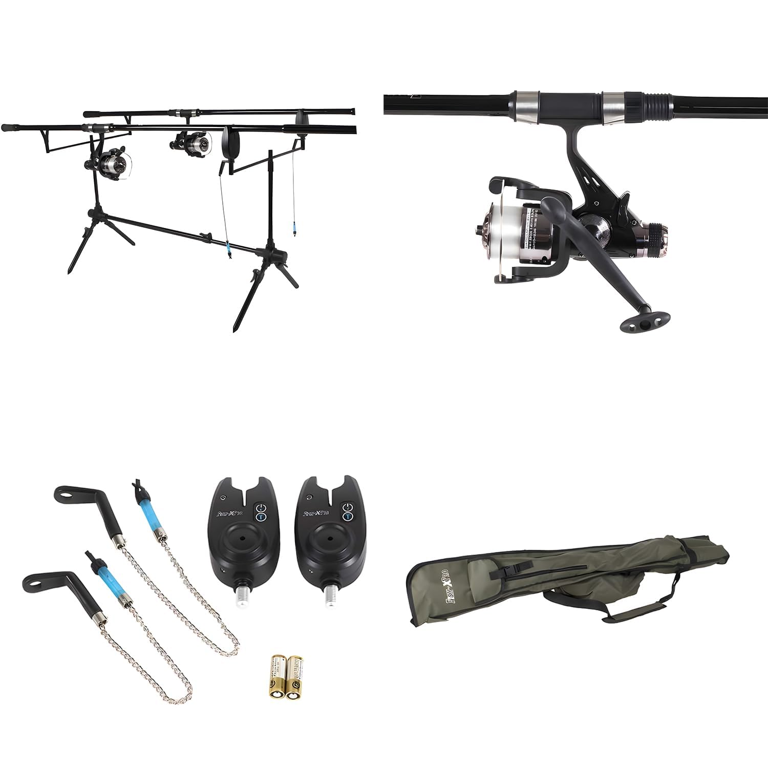 Carp Set - Improve Set - Juego de Cañas de Carpa Negro - Paquete Completo para la Pesca de la Carpa Incluye Detectores de Mordedura, Swingers, Rodpod