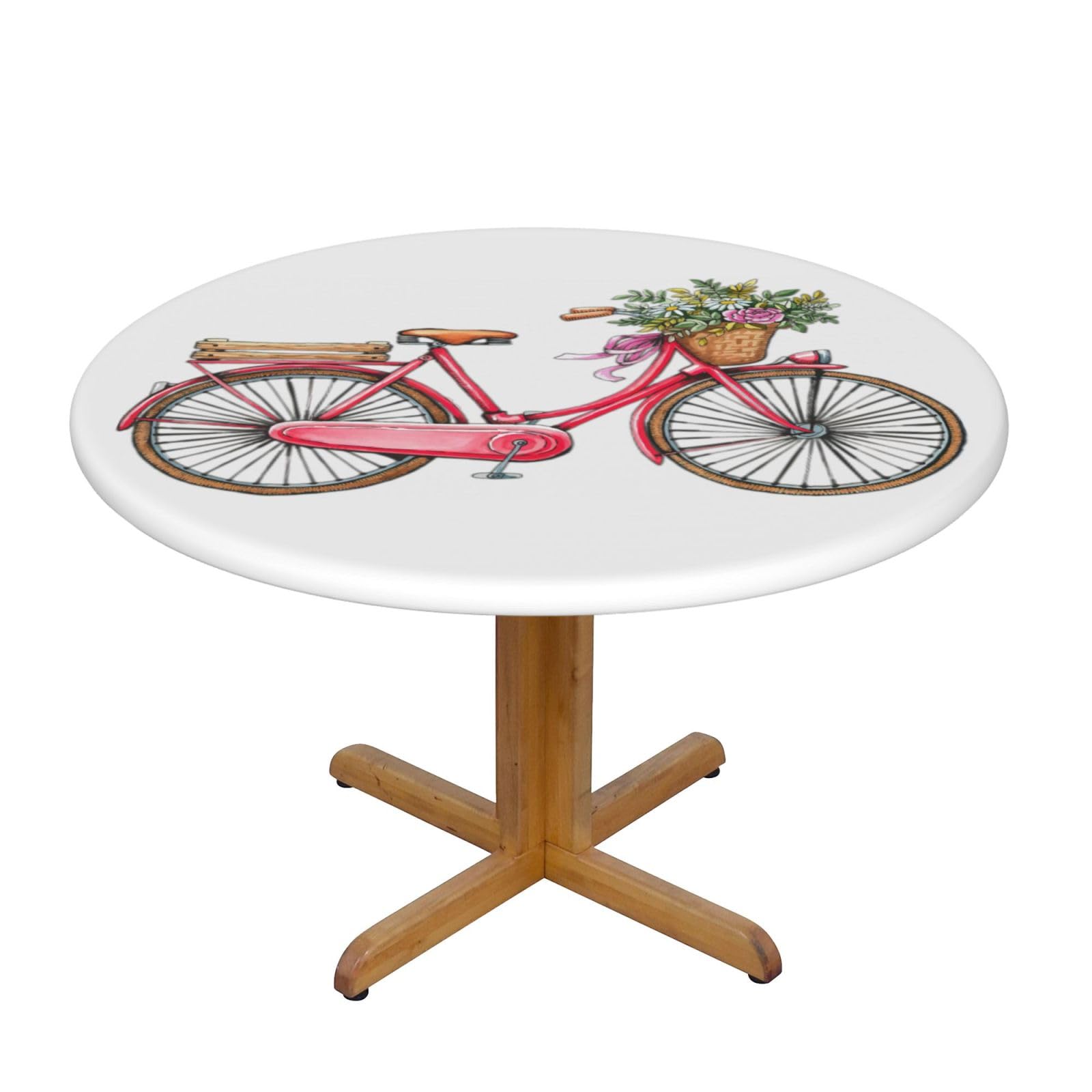 DUWAA Bicycle Print Oxford Fitted Table Cover For Patio Picnic, Waterproof Round Tablecloth For Home And Outdoor