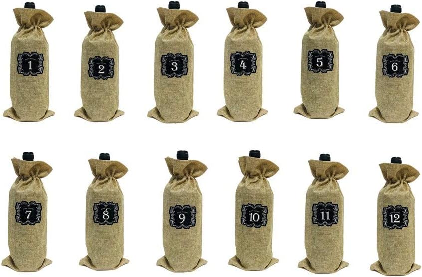 12 PCS Burlap Wine Bags with Drawstring Wine Blind Tasting Bag Plus 12 Number Sticker For Blind Tasting And Travel, Wedding, Birthday, Housewarming and Dinner Party