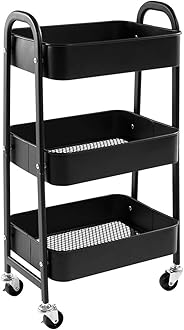DOEWORKS Storage Trolley on Wheels Metal 3 Tier Trolley Cart Kitchen Trolley Craft Trolleys Beauty Trolleys Rolling Storage Utility Cart for Books Room Bathroom Office, Black