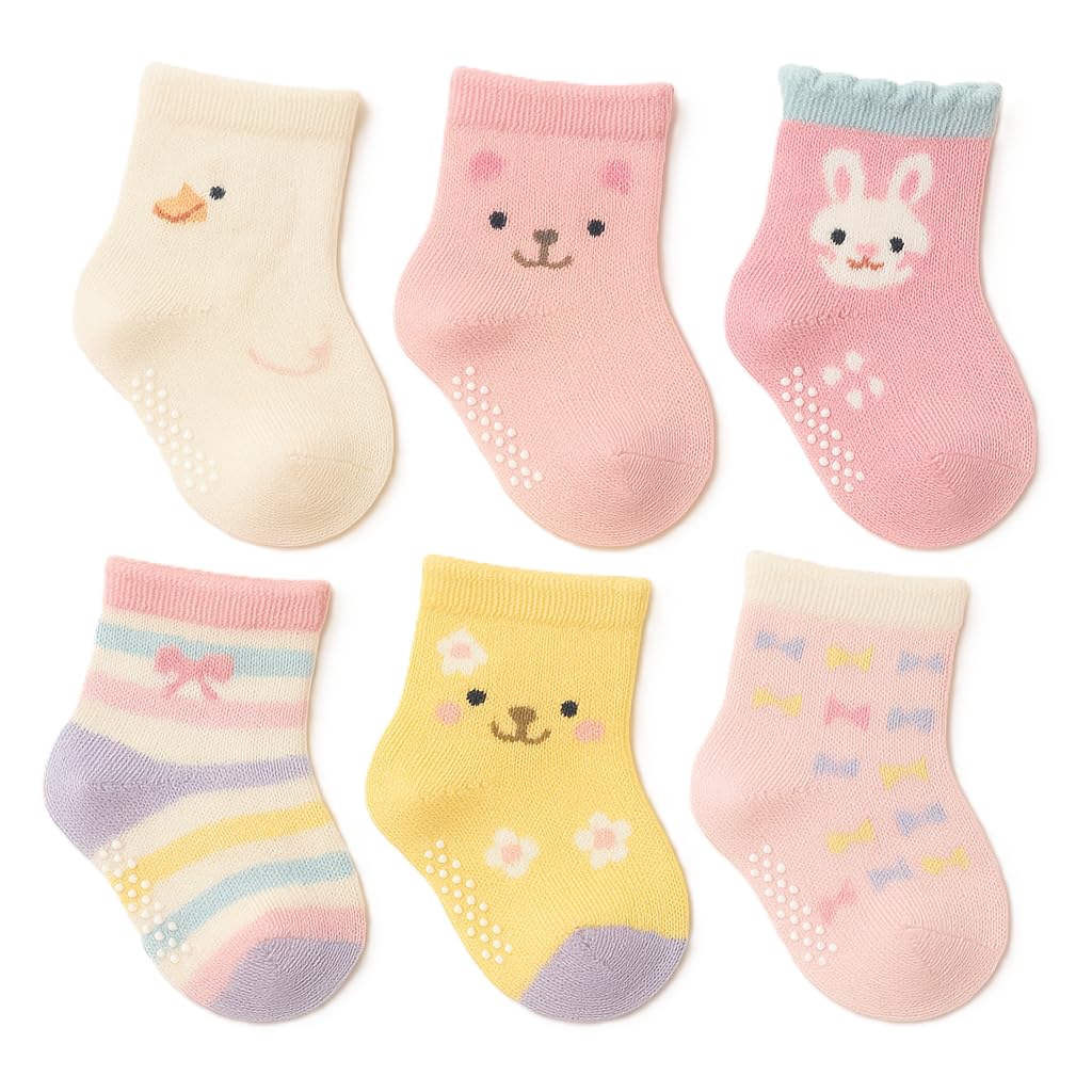 Organic Cotton Anti-Skid Baby Socks, Non-Slip Grip Dots, Pack of 6 Pairs (Mix - print)-image-33