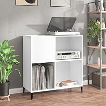 IKAYAA Wooden Record Cabinet with Metal Legs 84.5 x 38 x 89 cm, Vinyl Record Player, CD Shelf, Record Cabinet, Vinyl Cabinet, White