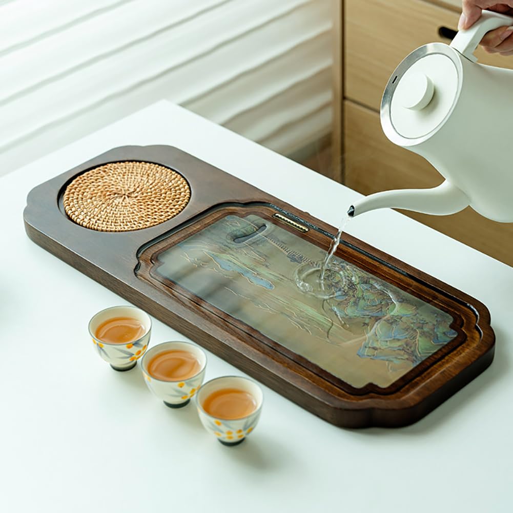 PA-DABAOO Walnut Wood Tea Tray with High-Temperature Color-Changing Design,Traditional Chinese Gongfu Tray for Dry-Brewing Method/Wet-Brewing Method,Rectangular Decorative Tea Table