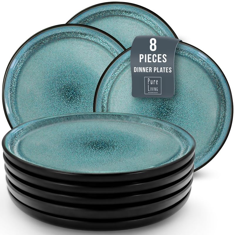 Stoneware Dinner Plates Set of 8, Modern Style Stoneware , 10.2" Ceramic Plates With Lipped Edges, Dishwasher, Microwave Safe Dinner Plates, Stoneware Plates, Kitchen Plates -Petrol Blue