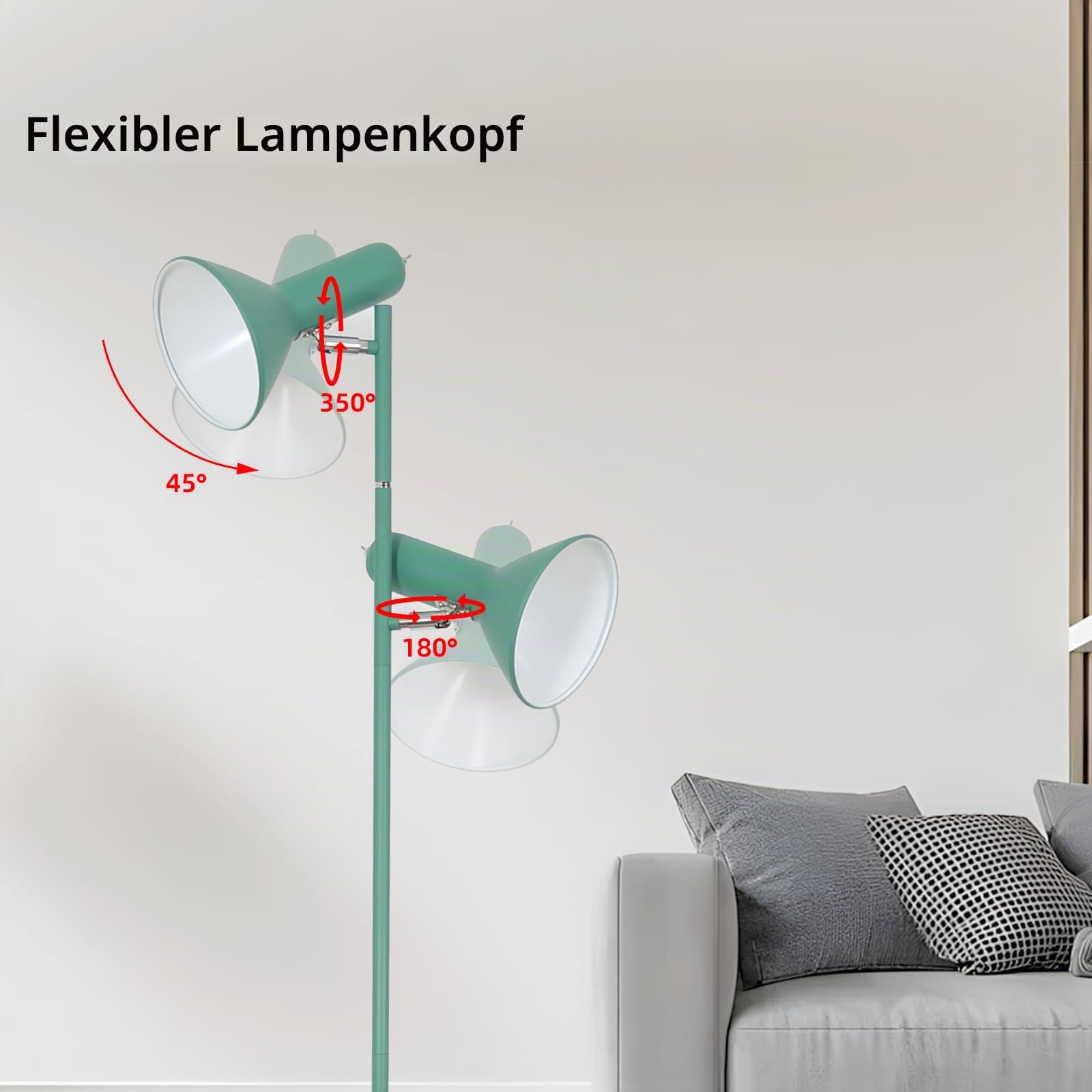 E27 Pflanzenlampe für Zimmerpflanzen, Stehlampe mit Ständer, 2 Flammig max. 60W(ohne Leuchtmittel), Metall Stehleuchte Pflanzenlicht Einstellbare Winkel mit Schalter für Sofa Wohnzimmer Büro, Grün