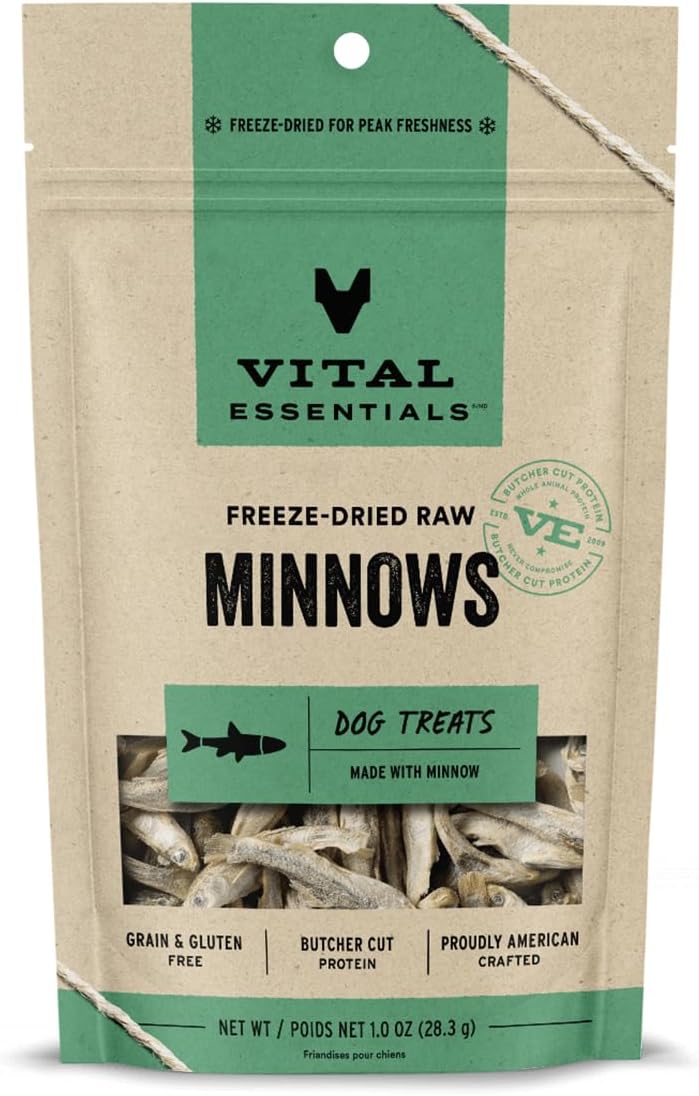 Vital Essentials Freeze Dried Raw Chicken Hearts Dog Treats, 3.75oz and Minnows Dog Treats, 1oz Bundle
