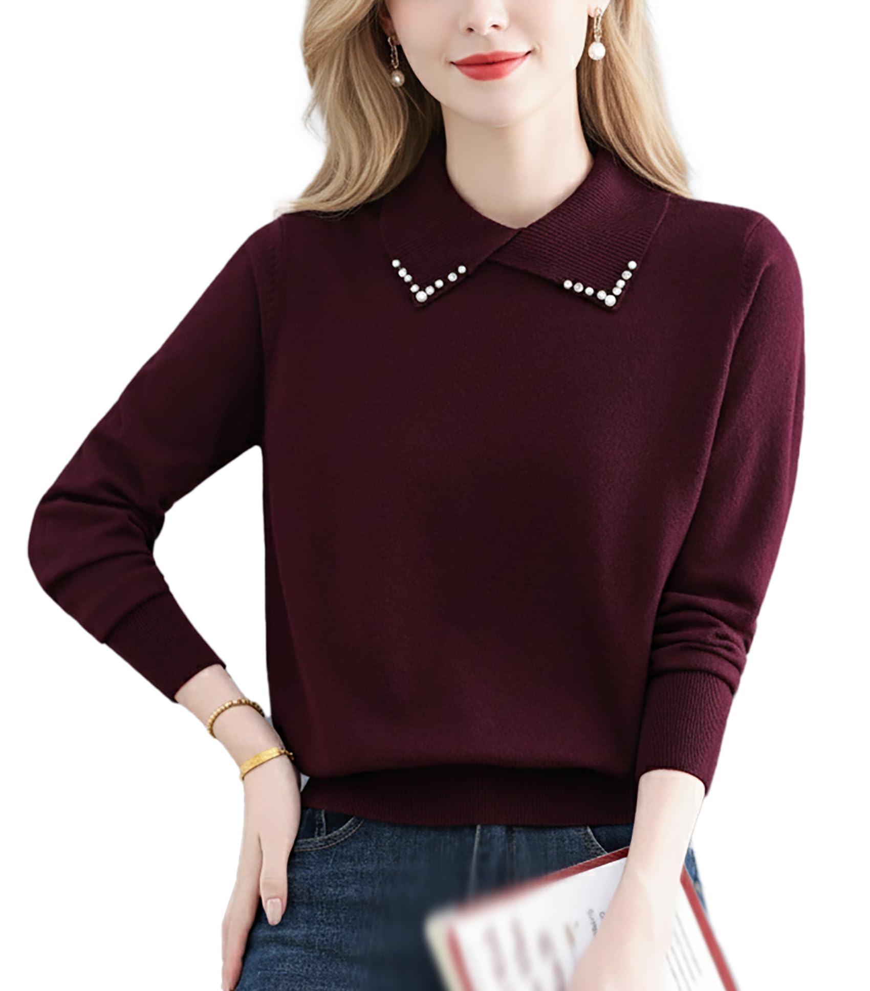 LAI MENG FIVE CATS Womens Long Sleeve Sweater Lapel Collar Casual Ribbed Knit Pullover Tops