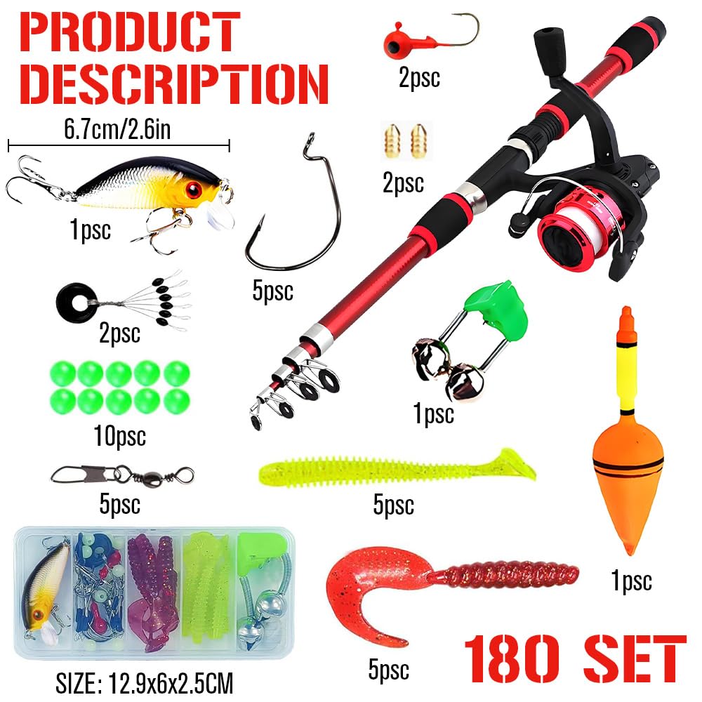 Set de Pesca para Niños, 1,8 M Caña de Pescar Telescópica con Carrete y Juego de Cebo, Caña de Pescar Telescópica de Fibra de Carbono, Accesorios para Niños de 3 a 10 Años