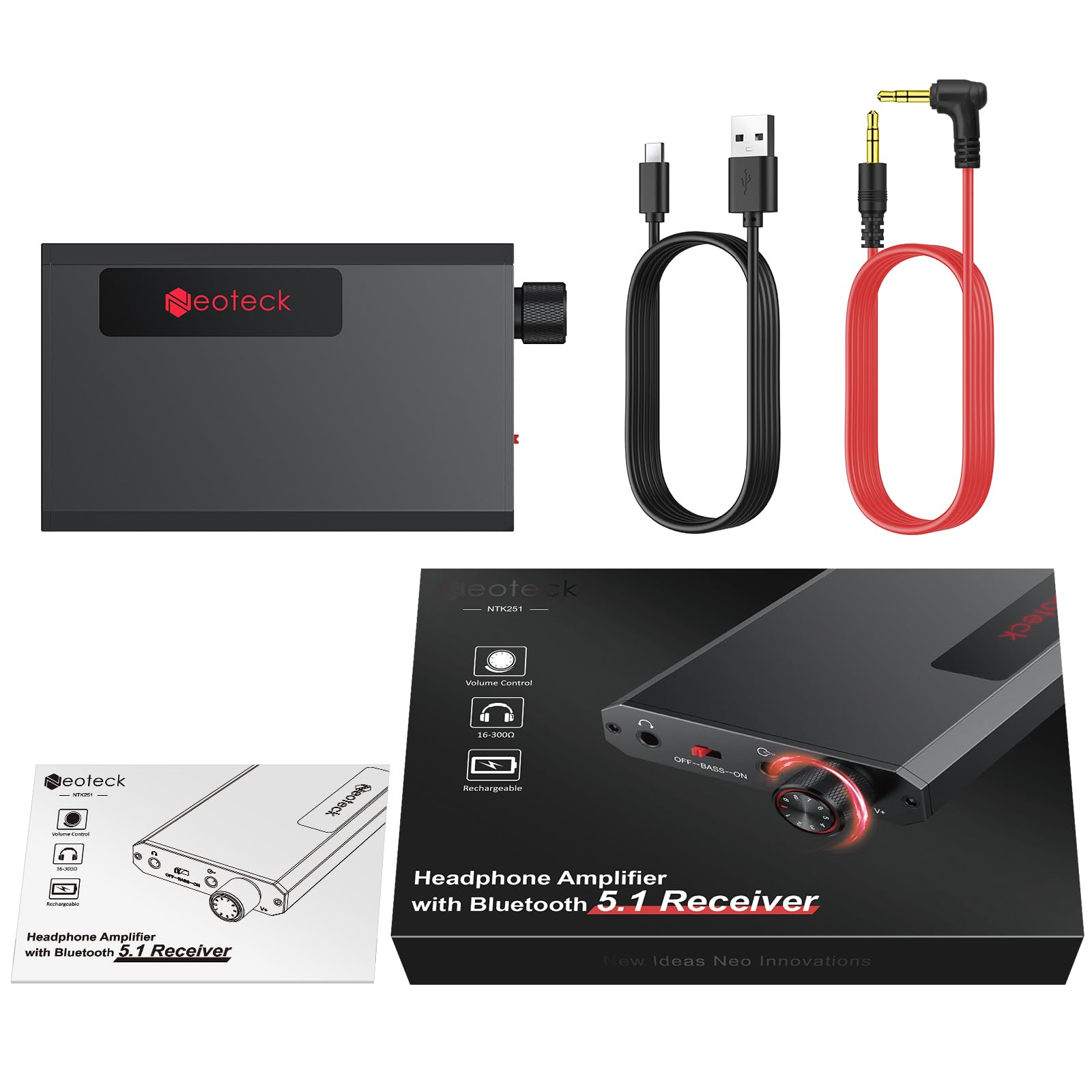 Neoteck 3,5mm Amplificador de Auriculares Portátil Amplificador de Auriculares de Bajo con Receptor Bluetooth 5.1 16-300 Ohm Amplificador de Auriculares HiFi con Interruptor de Refuerzo de Graves