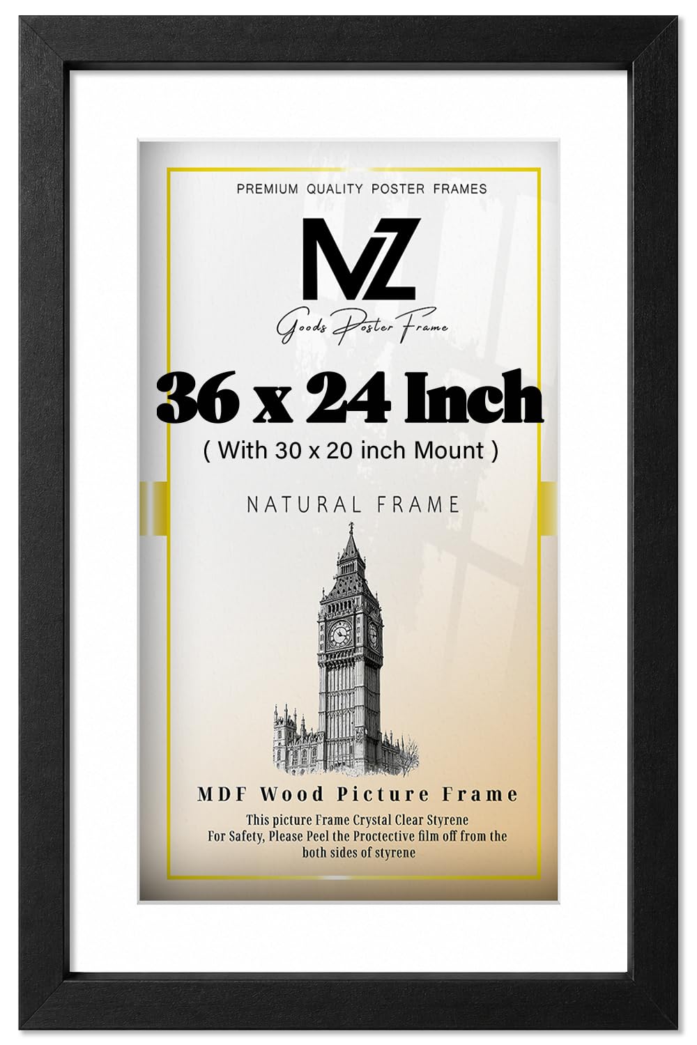 MZ GOODS | Poster Frame 3' 0" x 2' 0" Matt Black 36" x 24" With (30 x 20 Inch) White Mount Handmade for Room Décor (91.44 x 60.96 cm) [ Matt Black ]