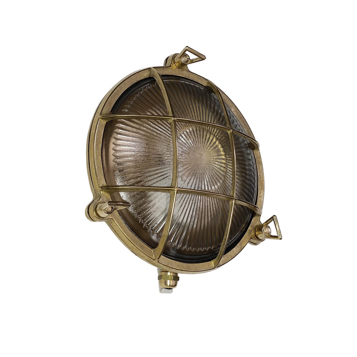 Licht-Erlebnisse Lámpara de pared exterior de latón y vidrio IP64 para entrada de casa, Ø21 cm, E27 máx. 18 W, redonda, marítima, con rejilla, aplique de pared exterior rústico para jardín SERIFOS